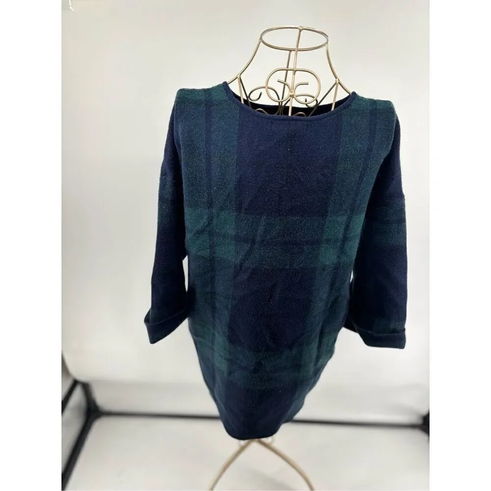 Tahari Plaid Knit Sweater Womens 1X Blue Green Crewneck Long Sleeve Top